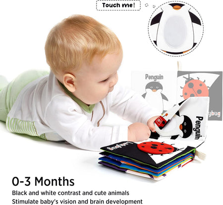 Soft Baby Books, High Contrast Black and White Books Nontoxic Fabric Touch and Feel Crinkle Cloth Books Early Educational Stimulation Toys for Infants Toddlers, Baby Girl & Baby Boy Gift Animal