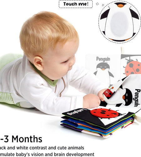 Soft Baby Books, High Contrast Black and White Books Nontoxic Fabric Touch and Feel Crinkle Cloth Books Early Educational Stimulation Toys for Infants Toddlers, Baby Girl & Baby Boy Gift Animal